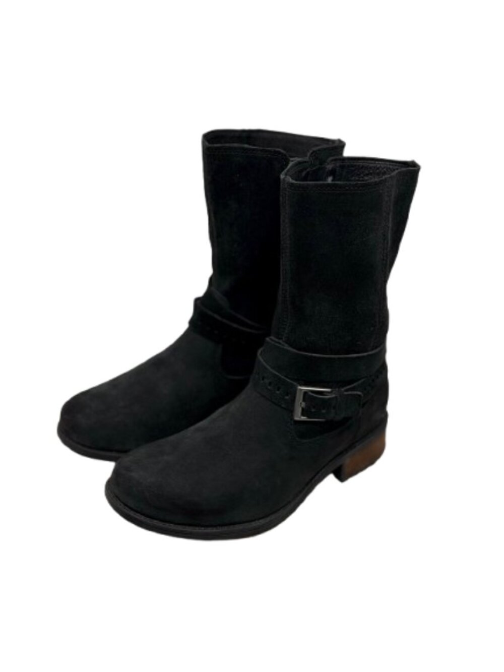UGG Australia "Kiings" Black Suede/Leather Side Zip Moto Boots - Women's Size 8